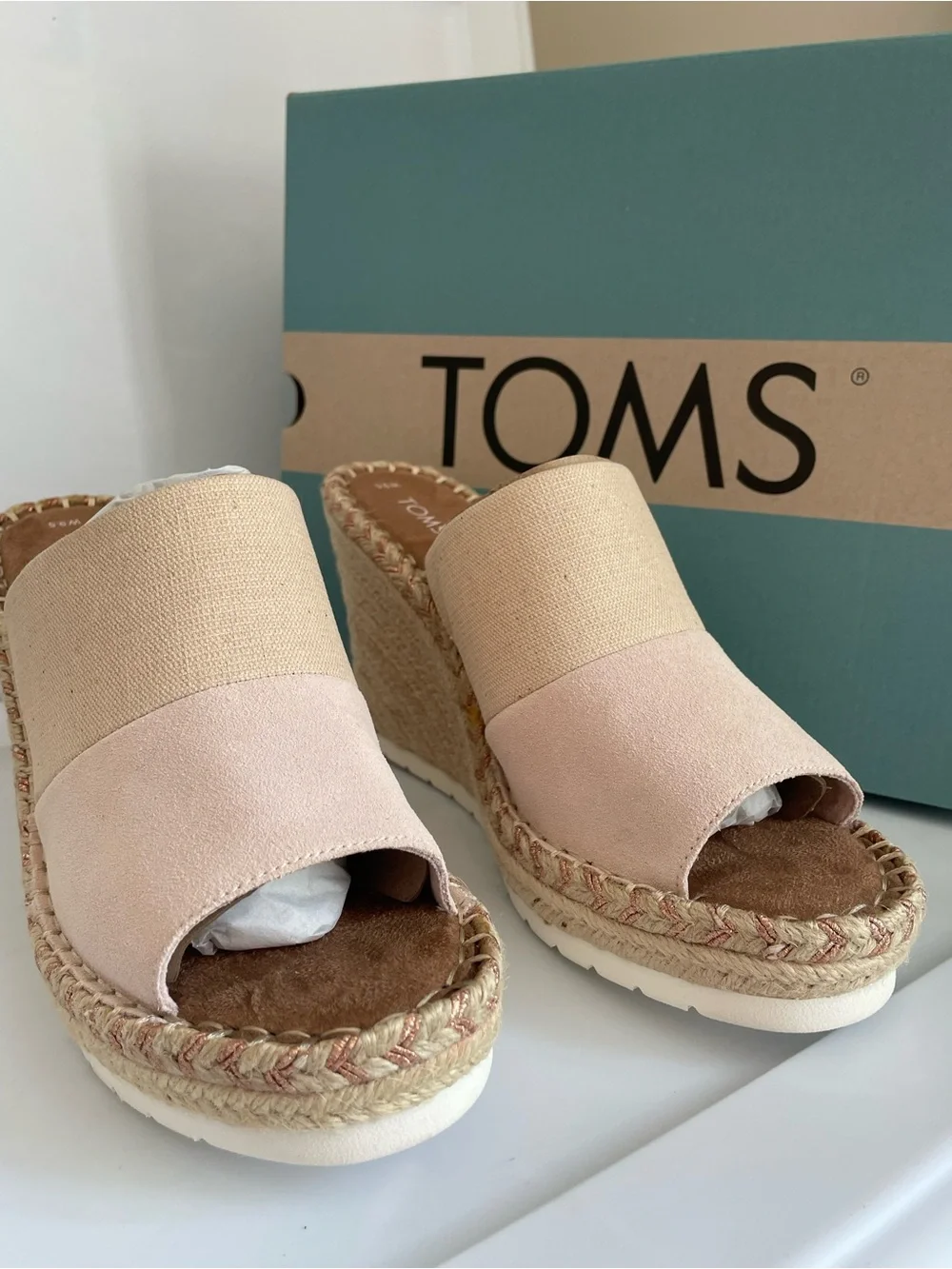 TOMS Blush Pink Canvas Espadrille Wedge Slides Monica Mule NEW in BOX